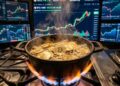 Bitcoin en una olla que está a fuego alto, y gráficos de mercado en el fondo.