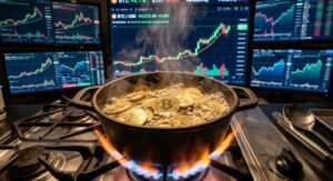 Bitcoin en una olla que está a fuego alto, y gráficos de mercado en el fondo.
