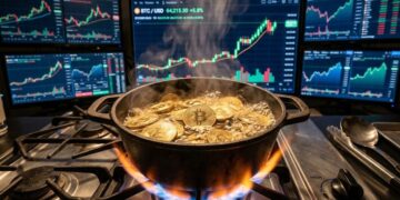 Bitcoin en una olla que está a fuego alto, y gráficos de mercado en el fondo.