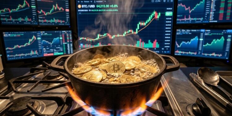 Bitcoin en una olla que está a fuego alto, y gráficos de mercado en el fondo.