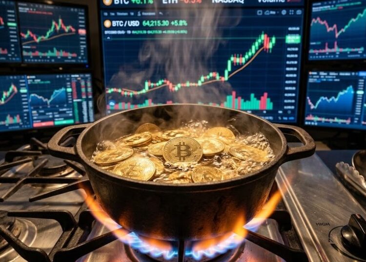 Bitcoin en una olla que está a fuego alto, y gráficos de mercado en el fondo.