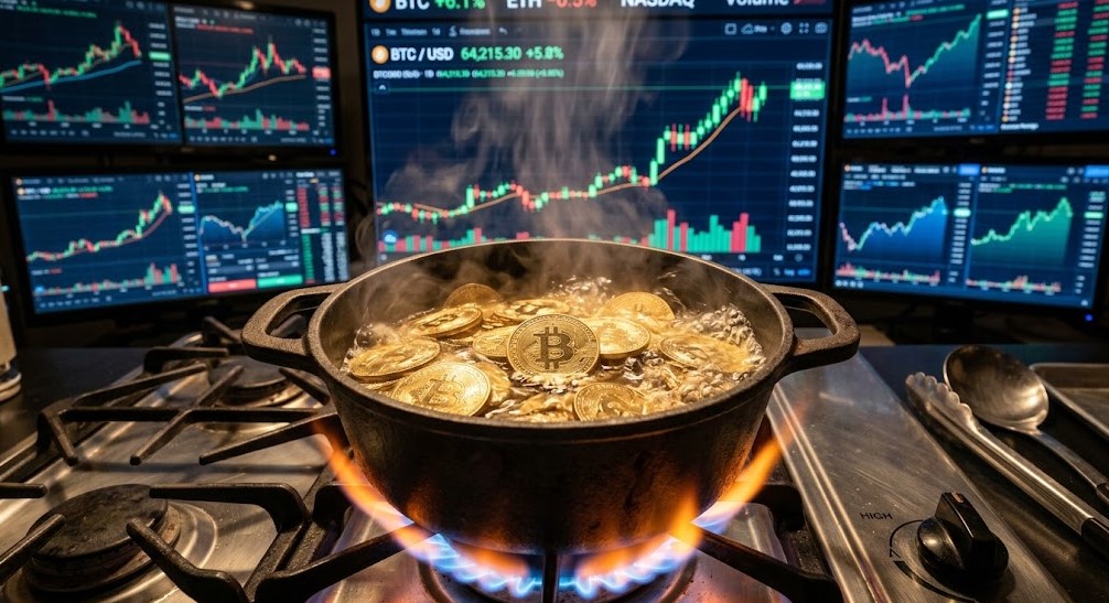 Bitcoin en una olla que está a fuego alto, y gráficos de mercado en el fondo.