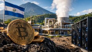 Monedas de bitcoin frente a una planta geotérmica y la bandera de El Salvador con un volcán al fondo.