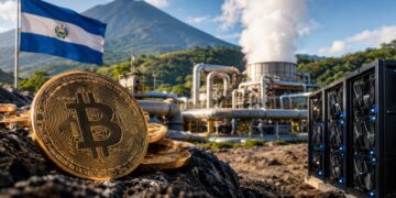 Monedas de bitcoin frente a una planta geotérmica y la bandera de El Salvador con un volcán al fondo.