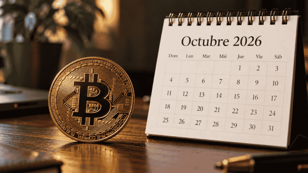 Moneda de bitcoin junto a un calendario abierto en el mes de octubre de 2026.
