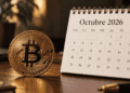 Moneda de bitcoin junto a un calendario abierto en el mes de octubre de 2026.