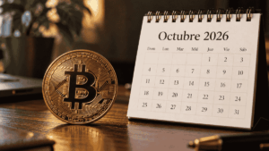 Moneda de bitcoin junto a un calendario abierto en el mes de octubre de 2026.