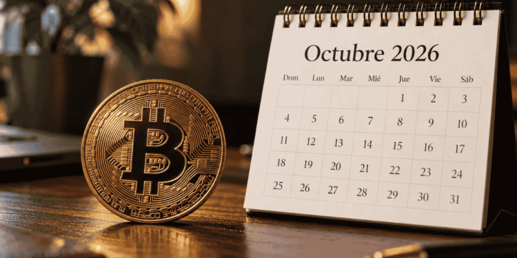 Moneda de bitcoin junto a un calendario abierto en el mes de octubre de 2026.