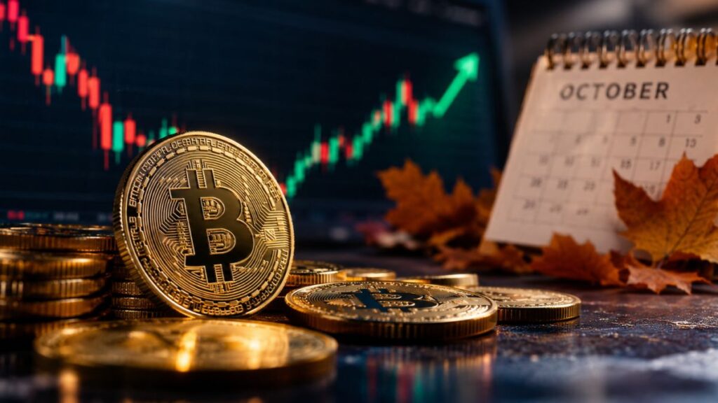 Moneda física de bitcoin dorada junto a un calendario de octubre y un gráfico bursátil alcista con flecha verde.