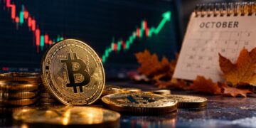 Moneda física de bitcoin dorada junto a un calendario de octubre y un gráfico bursátil alcista con flecha verde.