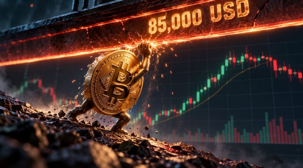 Una moneda física de bitcoin sostiene una barrera que dice 85.000 USD.