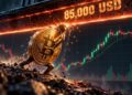 Una moneda física de bitcoin sostiene una barrera que dice 85.000 USD.