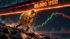 Una moneda física de bitcoin sostiene una barrera que dice 85.000 USD.