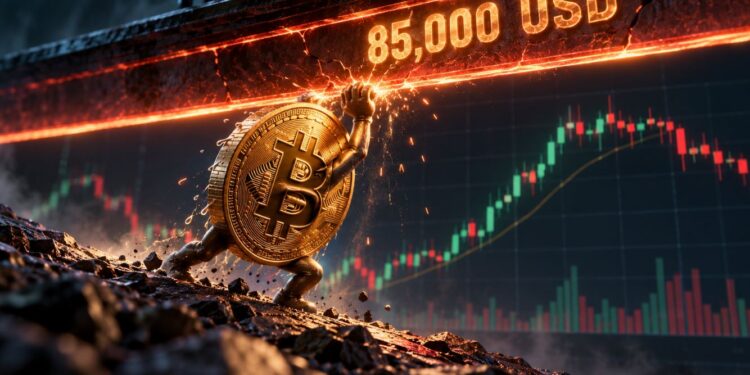 Una moneda física de bitcoin sostiene una barrera que dice 85.000 USD.