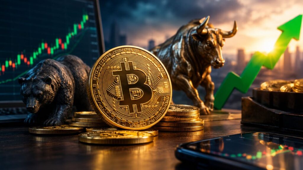 Moneda de Bitcoin con un oso, un toro y una flecha verde ascendente representando el trading de criptomonedas.