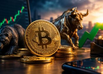 Moneda de Bitcoin con un oso, un toro y una flecha verde ascendente representando el trading de criptomonedas.