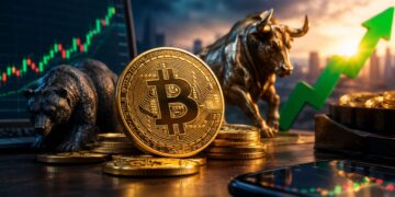 Moneda de Bitcoin con un oso, un toro y una flecha verde ascendente representando el trading de criptomonedas.