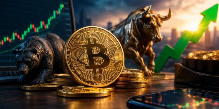 Moneda de Bitcoin con un oso, un toro y una flecha verde ascendente representando el trading de criptomonedas.