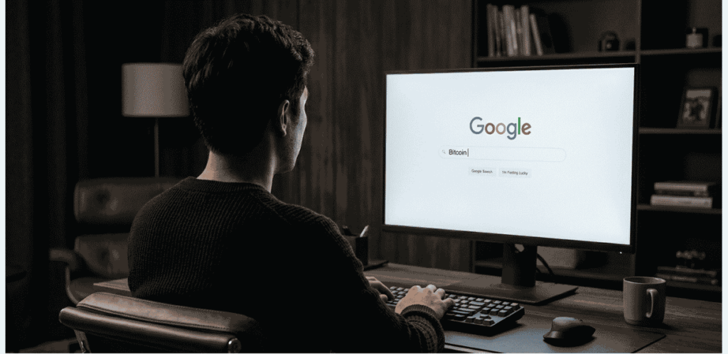 Un usuario buscando la palabra Bitcoin en Google.