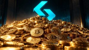 Montaña de bitcoin y el logo de bitget.