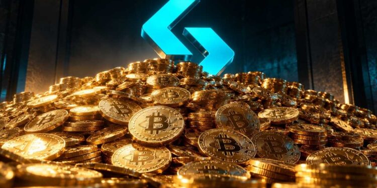 Montaña de bitcoin y el logo de bitget.