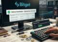 una pantalla de monitor que muestra el panel de control de Bitget con el estado de retiros habilitados y transacciones