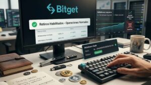 una pantalla de monitor que muestra el panel de control de Bitget con el estado de retiros habilitados y transacciones