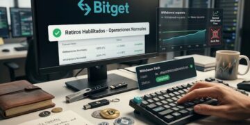 una pantalla de monitor que muestra el panel de control de Bitget con el estado de retiros habilitados y transacciones