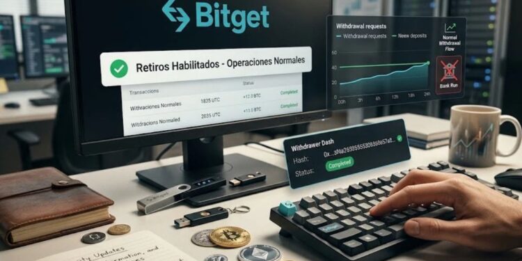 una pantalla de monitor que muestra el panel de control de Bitget con el estado de retiros habilitados y transacciones