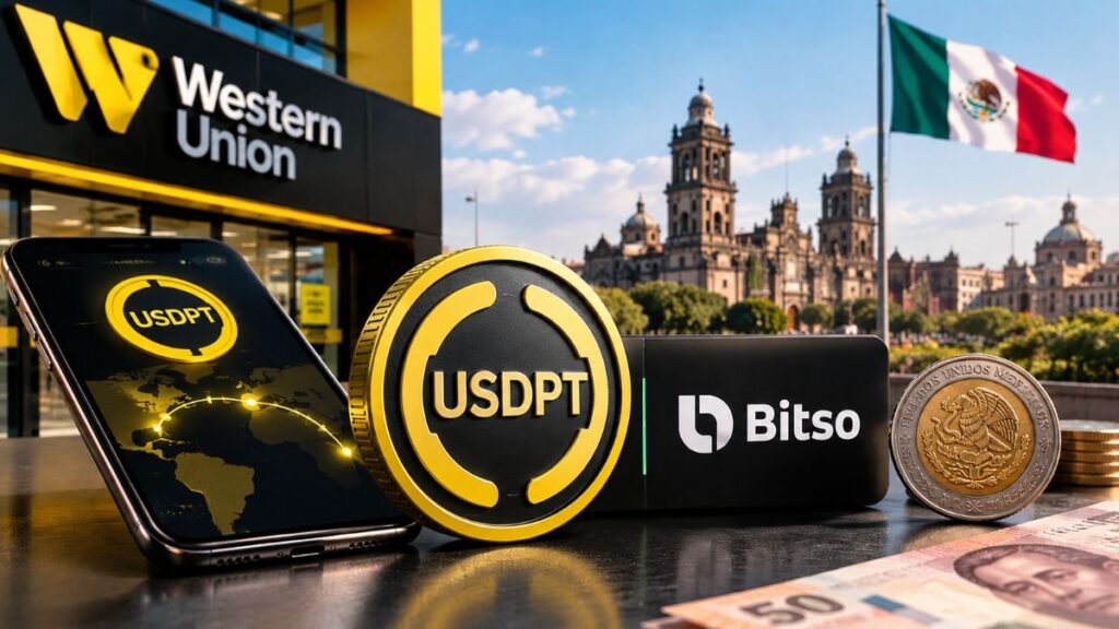 Moneda digital USDPT, smartphone con aplicación Bitso y oficina de Western Union con el Zócalo de Ciudad de México al fondo.