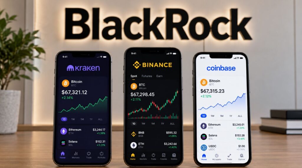 El logo de BlackRock encima de tres celulares que muestran gráficos de precio.