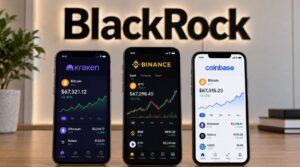 El logo de BlackRock encima de tres celulares que muestran gráficos de precio.