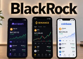 El logo de BlackRock encima de tres celulares que muestran gráficos de precio.