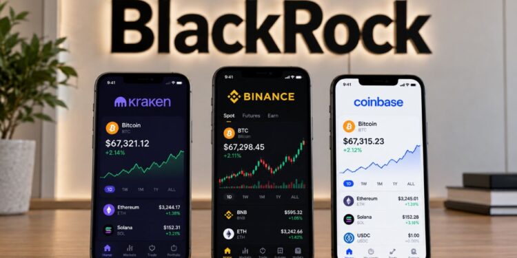 El logo de BlackRock encima de tres celulares que muestran gráficos de precio.