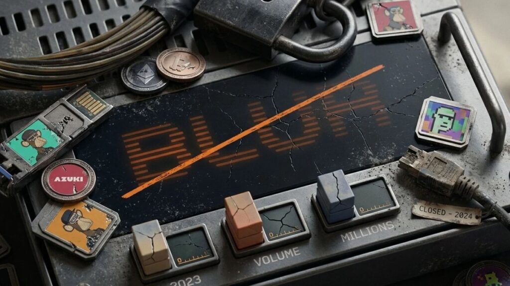 consola digital retro en desuso con la pantalla rota del marketplace NFT Blur e íconos de criptomonedas.