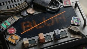 consola digital retro en desuso con la pantalla rota del marketplace NFT Blur e íconos de criptomonedas.