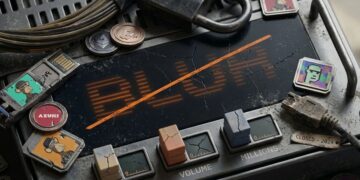 consola digital retro en desuso con la pantalla rota del marketplace NFT Blur e íconos de criptomonedas.