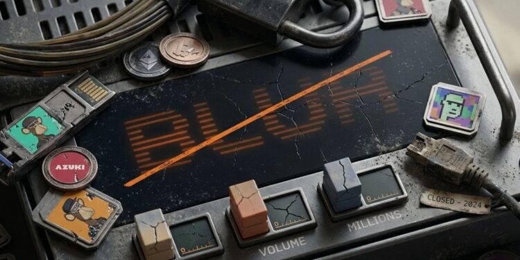consola digital retro en desuso con la pantalla rota del marketplace NFT Blur e íconos de criptomonedas.