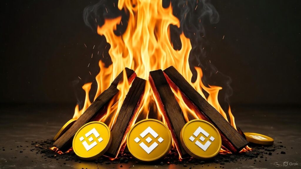 Una imagen horizontal realista que muestra monedas de BNB ardiendo en una hoguera.