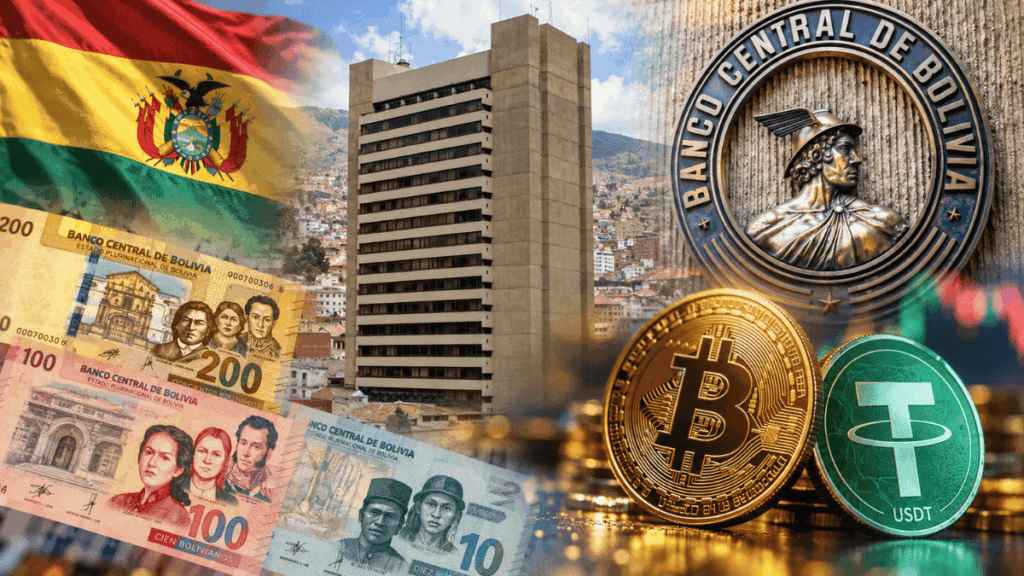 Collage de imágenes: bandera de bolivia. Billetesde bolivianos. Banco Central de Bolivia. Monedas de bitcoin y USDT.