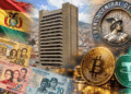 Collage de imágenes: bandera de bolivia. Billetesde bolivianos. Banco Central de Bolivia. Monedas de bitcoin y USDT.