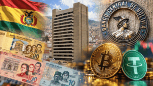 Collage de imágenes: bandera de bolivia. Billetesde bolivianos. Banco Central de Bolivia. Monedas de bitcoin y USDT.