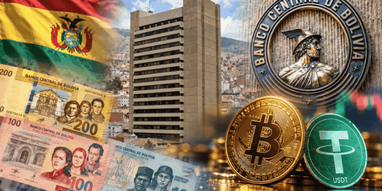 Collage de imágenes: bandera de bolivia. Billetesde bolivianos. Banco Central de Bolivia. Monedas de bitcoin y USDT.