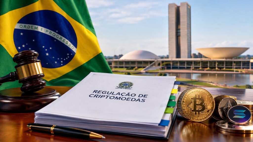 Documentos de regulación de criptomonedas con mazo, bandera y capitolio de Brasil.