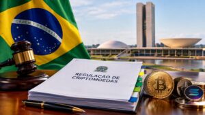Documentos de regulación de criptomonedas con mazo, bandera y capitolio de Brasil.