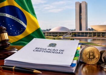 Documentos de regulación de criptomonedas con mazo, bandera y capitolio de Brasil.