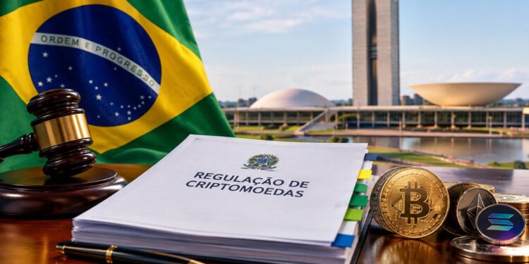 Documentos de regulación de criptomonedas con mazo, bandera y capitolio de Brasil.