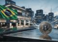 Una moneda de BTC, el logo de B3 y la bandera de Brasil.