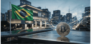 Una moneda de BTC, el logo de B3 y la bandera de Brasil.