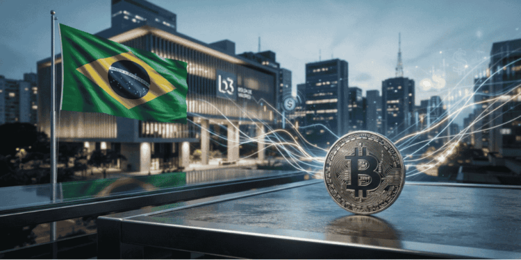 Una moneda de BTC, el logo de B3 y la bandera de Brasil.